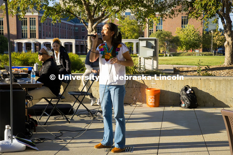 Mariana Hernandez-Moreno, a freshman music education major from Omaha, performs. Fiesta on the green at the Nebraska Union Plaza. Fiesta on the Green is an annual Latino culture and heritage festival. October 5, 2023. Photo by Kristen Labadie / University Communication.